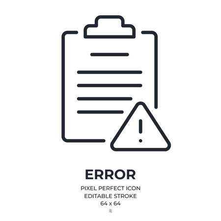 Attention, alert, error, and mistake concept. Clipboard and exclamation mark sign editable stroke outline icon isolated on white background flat vector illustration. Pixel perfect. 64x64.のイラスト素材