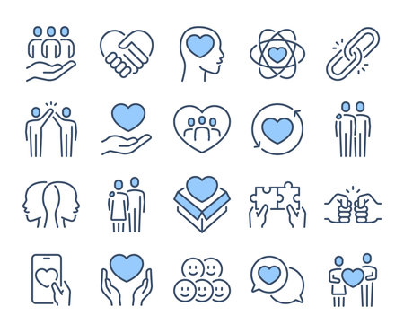 Love, friendship, care and charity concept blue editable stroke outline icons set isolated on white background flat vector illustration. Pixel perfect. 64x64.のイラスト素材