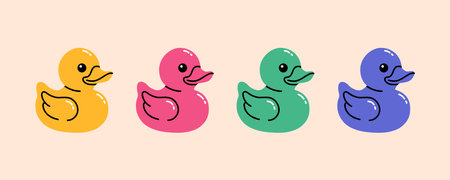 Rubber duck toys set in different colors. Flat cartoon style vector illustration.のイラスト素材