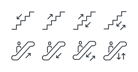 Escalator and stairs up and down editable stroke outline icons set isolated on white background flat vector illustration. Pixel perfect. 64 x 64.のイラスト素材