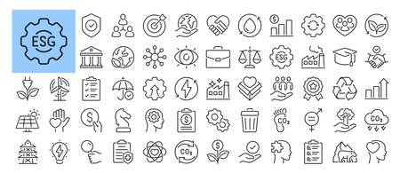 ESG Environmental Social Governance concept editable stroke outline icons set isolated on white background flat vector illustration. Pixel perfect. 64 x 64.のイラスト素材