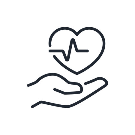 Heart beat concept. Hand holding a heart editable stroke outline icon isolated on white background flat vector illustration. Pixel perfect. 64 x 64.のイラスト素材