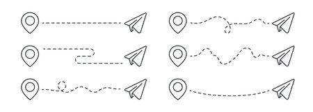 Paper plane flight route outline set isolated on white background vector illustration