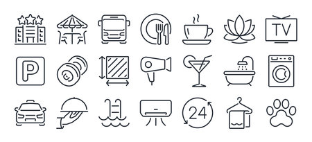Hotel service and hospitality editable stroke outline icons set isolated on white background flat vector illustration. Pixel perfect. 64 x 64のイラスト素材