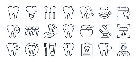 Dental care and dentistry editable stroke outline icons set isolated on white background flat vector illustration. Pixel perfect. 64 x 64.のイラスト素材