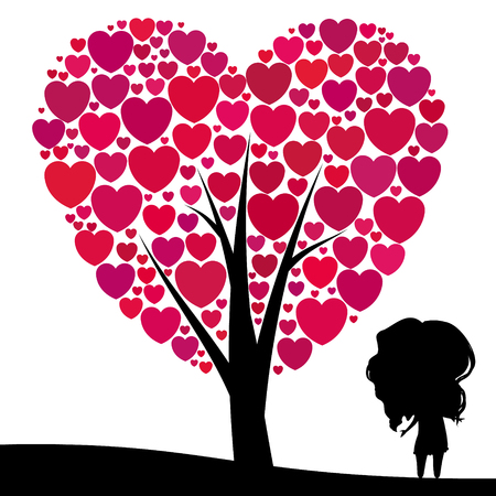 valentines tree silhouette with girlのイラスト素材