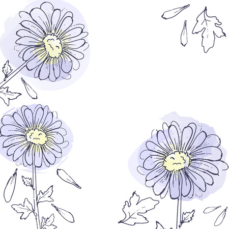 daisy flowers, floral set of ink drawing wild plants, monochrome black elementsのイラスト素材
