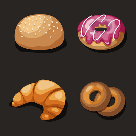 Cute set of cartoon fast food vector isons, isolated on black burger, donut, croissant.のイラスト素材