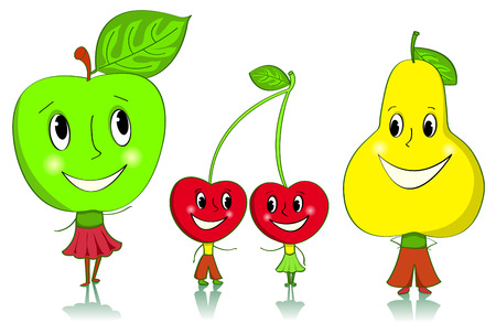 Cartoon fruit characters. Apple, cherries and a pear. Isolated on white.のイラスト素材
