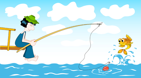 Fisher and goldfish. cartoon illustration.のイラスト素材