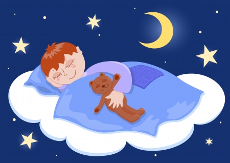 Boy and his teddy sleep. Cartoon illustration.のイラスト素材
