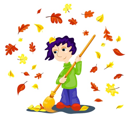 The boy cleans autumn leaves. Cartoon vector illustration.のイラスト素材