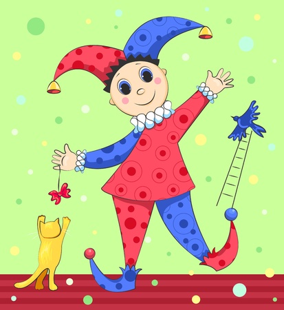 Cartoon harlequin plays with a cat and a bird. Vector illustration.のイラスト素材