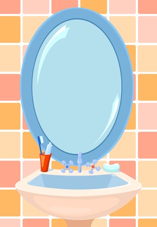 Mirror and bowl in a bathroom. Vector illustration.のイラスト素材