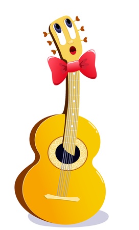 The singing cartoon guitar. Vector illustration. Isolated on white.のイラスト素材