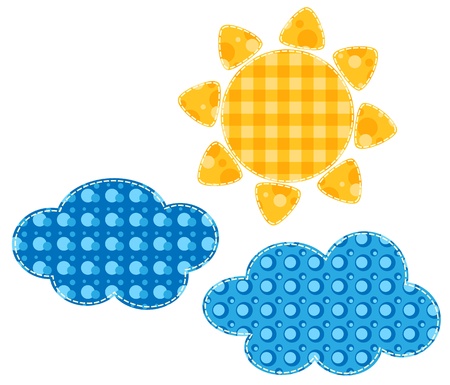 Patchwork sun and two clouds  Isolated on white illustration  Scrapbook series のイラスト素材