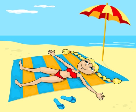 The girl sunbathes on a beach  Cartoon illustration のイラスト素材