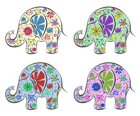 Set of elephants painted by flowers. Isolated on white. Cartoon vector illustration.
