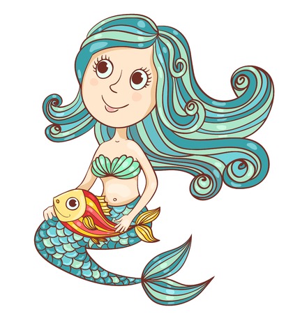 Mermaid with fish isolated on white. Vector cartoon illustration.のイラスト素材