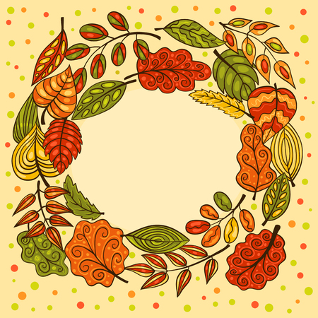 Hand-drawn card with autumn leaves. Vector illustration. For your text.のイラスト素材