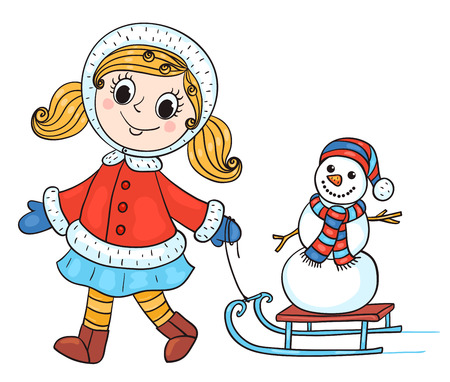 The happy girl in winter clothes with snowman. Vector children illustration.のイラスト素材