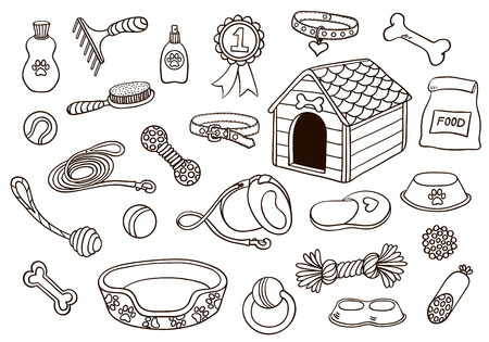 Set of accessories for dogs. Vector hand-drawn illustration. Isolated on white.のイラスト素材