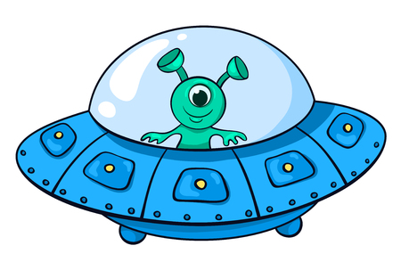 The alien in the spaceship. Vector children illustration. Isolated on white.の写真素材
