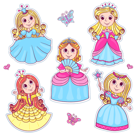 Five cute little princesses. Set of cartoon vector stickers for children. Isolated on white.のイラスト素材