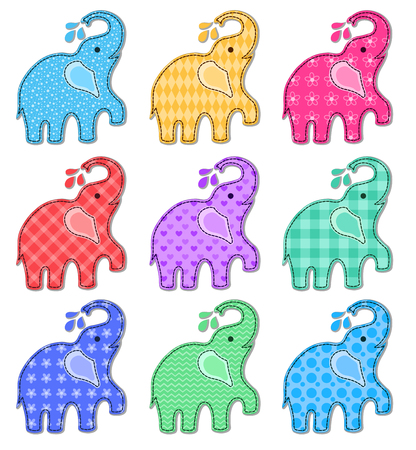 Set of nine happy color elephants. Vector cartoon illustration. Isolated on white.のイラスト素材