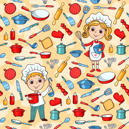 Seamless pattern of cartoon kitchen ware and two cute cookのイラスト素材