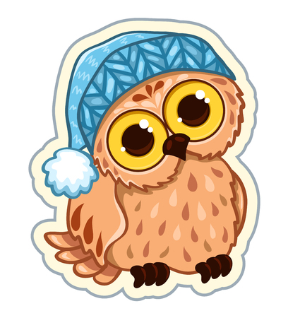 Owlet in the hat. Sticker vector illustration. Isolated on white.のイラスト素材