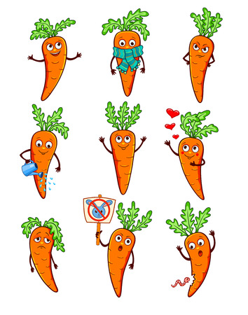 Set of different cartoon carrots. Vector illustration isolated on white.のイラスト素材