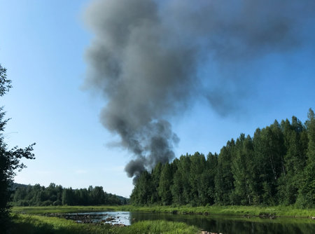 Forest fire visible from the riverの写真素材