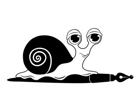 A cute snail crawls on a feather pen. Black white cartoon vector illustration, isolated on whiteのイラスト素材