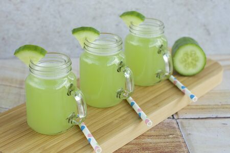 Cucumber juice in jarsの写真素材