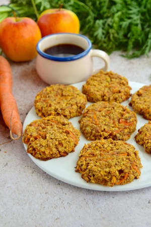 carrot apple oat cookies with coffeeの写真素材