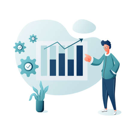 Illustration vector graphic of Businessman draws business strategy. Planning development of ideas. Process in form of infographics on steps flat design. Isolated on white backgroundのイラスト素材