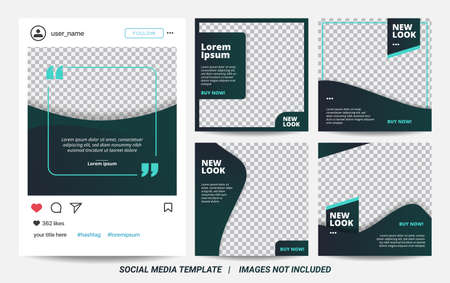 Set of Illustration vector graphic of minimal square banner template. Dark green background color...