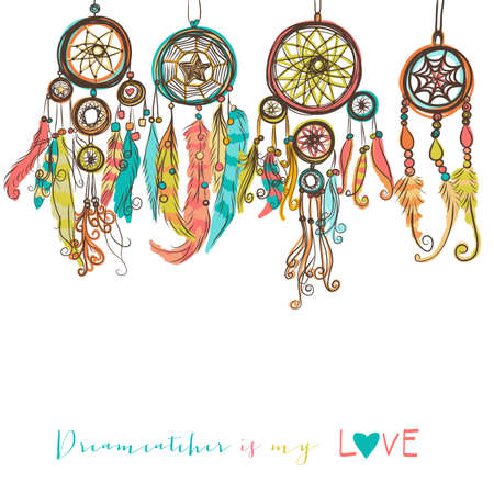Beautiful vector illustration with dream catchers. Colorful ethnic, tribal elementsのイラスト素材