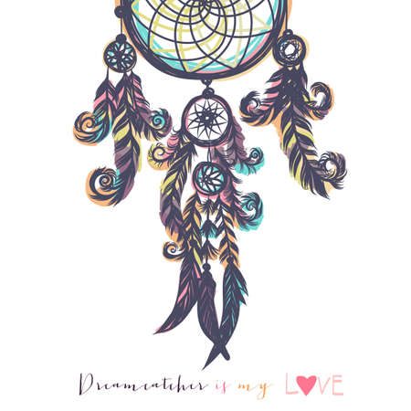 Beautiful vector illustration with dream catchers. Colorful ethnic, tribal elements. Isolated on the white backgroundのイラスト素材