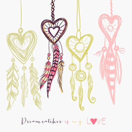 Beautiful vector illustration with dream catchers. Colorful ethnic, tribal elements on white backgroundのイラスト素材