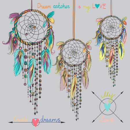 Beautiful vector illustration with dream catchers and feathers. Colorful ethnic elementsのイラスト素材