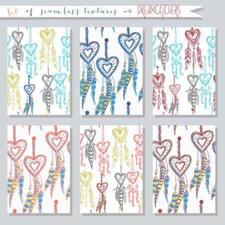 Set of seamless vector illustrations and cards with dream catchers. Ethnic background textures in collectionsのイラスト素材