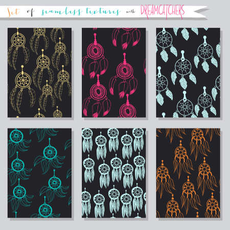 Set of seamless vector illustrations and cards with dream catchers. Ethnic background textures in collectionsのイラスト素材