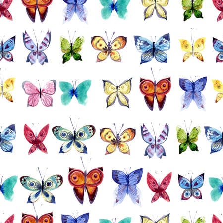 Watercolor pattern with beautiful butterflies, seamless background textureの写真素材