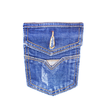 Back blue  jeans pocket texture with double thread sewing patterns and brown leather isolated on white  withの写真素材