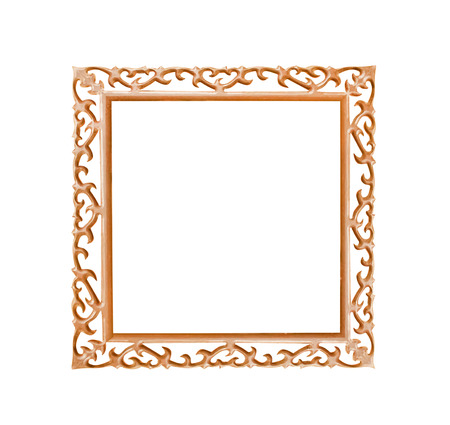 Old brown wood picture frame with  heart carving edge  shaped patterns isolated on white backgroundの写真素材
