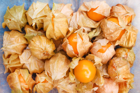 Top view tasty cape gooseberries groupの写真素材