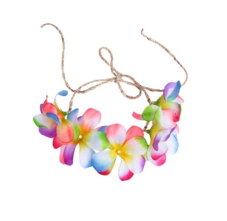 Textile headband fashion brown rope with colorful flowers blooming isolated on white backgroundの写真素材