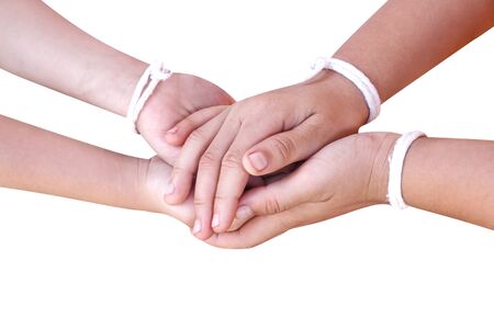 Boy holding little child asian girl hands , Brother and sister care  support in family concept...